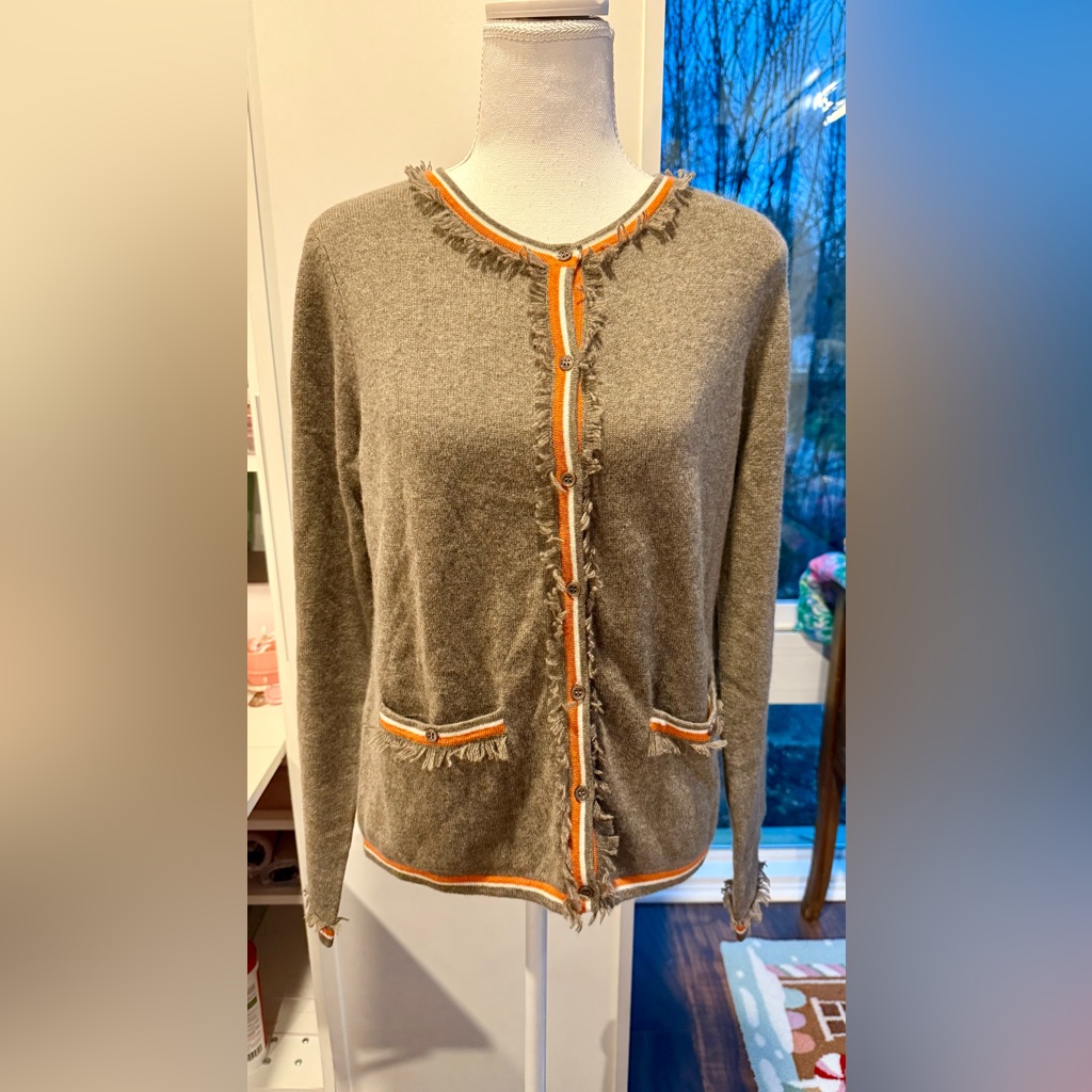 Kier + J Cashmere Fringed Trim Cardigan Gray/Orange M Nwot Soft Luxe